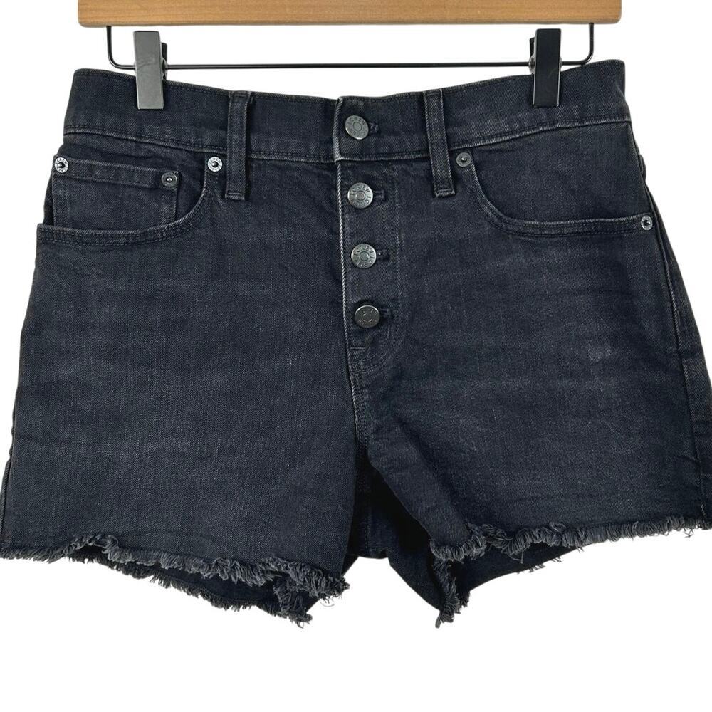 J Crew Black Denim Shorts Size 26 High Rise Button Fly Frayed Hem Stretch Jean